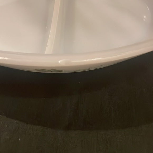 Vintage Glasbake Casserole Dish 1QT Green Daisy Milk Glass Oval 12" Divided - Picture 3 of 5